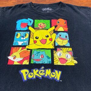 2010 Pokémon XL T-Shirt Pikachu Kalos Starters Grid Black Graphic Tee